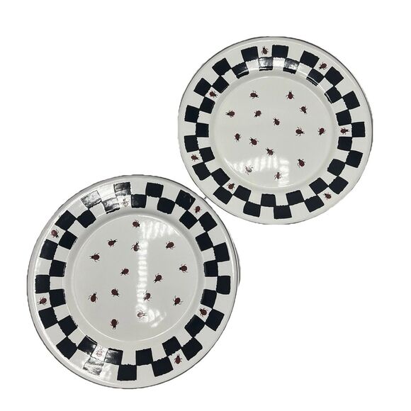 Golden Rabbit II 1999 Ladybug Plates Checkered Enamelware Jean Wilkes Set of 2 - Picture 10 of 10